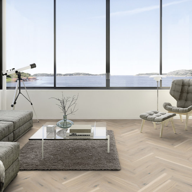 Boen Herringbone Click Pale White Vivo Oak Engineered Flooring Brushed & Pure Lacquer